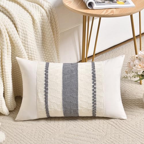 Fancy Homi Set of 1 Neutral Grey Farmhouse Lumbar Decorative Throw Pillow Covers 12x20 Inch for Couch Bed Chair, Vintage Country Rustic Retro Room Decor, Soft Thick Cotton Rectangle Cushion Case - color: Gray, size: 20" x 12" (Pack of 1)