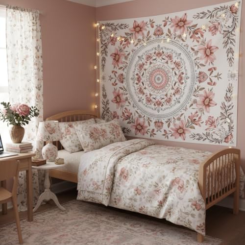 Motanber Pink Floral Tapestry Wall Hanging Boho Mandala Medallion Tapestry Aesthetic Watercolor Flower Cute Large Tapestries for Bedroom Living Room Dorm Decor 80 x 60 Inch - color: Light Pink, size: 80"L x 60"W