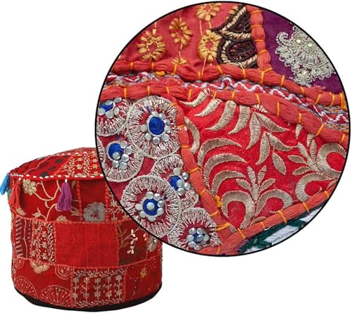 Bohemian Indian Patchwork Ottoman Pouf Cover – 18"x13" inch Round Cotton Embroidered Footstool Pillow – Vintage Ethnic Decor, Red (Cover Only) - color: Red, size: 18"D x 18"W x 13"H