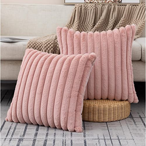 ZLINA Set of 2 Baby Pink Faux Fur Decorative Throw Pillow Covers Fluffy Striped Pillowcase Cushion Covers 24 x 24 Inch Decor Sofa Couch Bedroom - color: Baby Pink, size: 24" x 24" (Pack of 2)