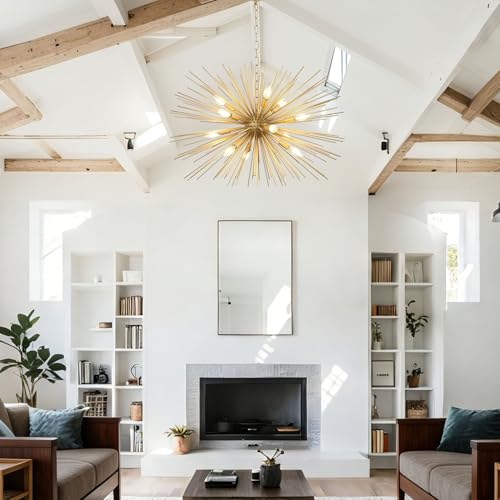 Modern 33.8in Gold Sputnik Chandeliers 12-Light Mid-Century Starburst Chandelier Light Fixture Solid Metal Satellite Large Chandelier for High Ceiling Dining Room Living Room Foyer E12 - color: Golden 33.85" 12-Light