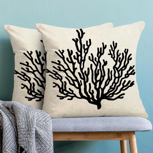Black Pillow Covers 18x18 Pack of 2 Summer Coastal Coral Decorative Throw Pillow Covers,Outdoor Decoration Nautical Ocean Theme Coral Pillowcase Farmhouse Square Cushion Case for Couch Sofa - color: Coral-black-b2, size: 18" x 18" (Pack of 2)