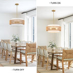Boho Rattan Chandelier, 19.7" Large Boho Pendant Light with Fabric Lampshade, 4-Light Rattan Light Fixture Ceiling Hanging for Dining Room, Living Room, Bedroom, Kitchen Island, Hallway, Foyer - size: 19.7" Straight weaving