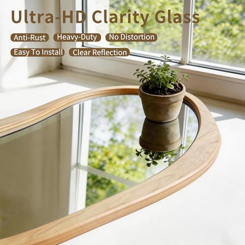 Irregular Full Length Mirror, 71"x33.5" Oversized Organic Floor Mirror with Solid Wood Frame, Asymmetrical Full Body Mirrors for Entryway Hallway Cloakroom Living Room, Leaning/Hanging - color: Natural Wood Frame, size: 71"L x 33.5"W
