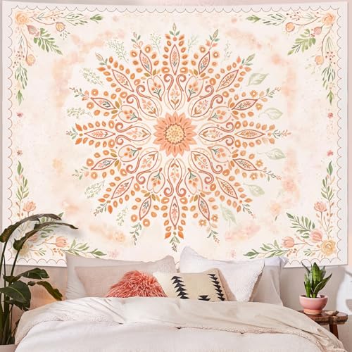 Lunerfex Floral Mandala Tapestry Boho Tapestry for Bedroom Peach Tapestries Wall Hanging Living Room Wall Art and Home Decor 60x80 - color: Orange Yellow, size: 80"L x 60"W