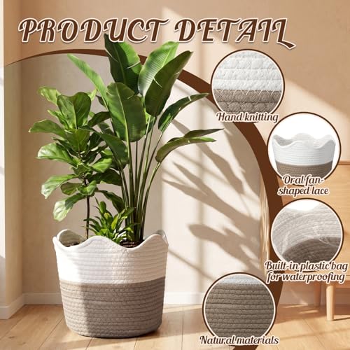 4 Pcs Large Cotton Rope Plant Basket Modern Woven Baskets for Flower Pot Floor Indoor Planters, Storage Organizer Baskets Home Decor, White Brown