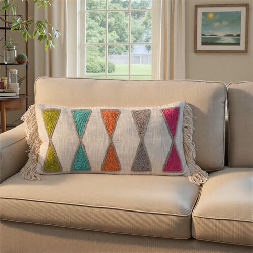 Bloomingville Embroidered Cotton Lumbar Pillow with Fringe, Bright Multicolors - color: Pink, Orange, Teal, Green