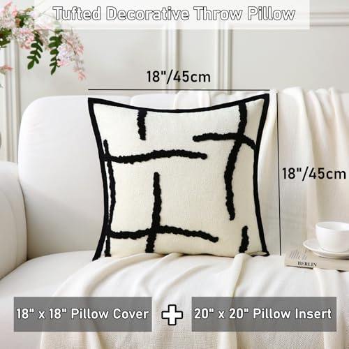 Boho Decorative Throw Pillows with Inserts, 18" x 18" Soft Tufted Modern Chenille Pillow, Pillows for Home, Patio, Couch, Bedroom, Living Room (Black Lines - Cream White Background) - style: Black Lines
