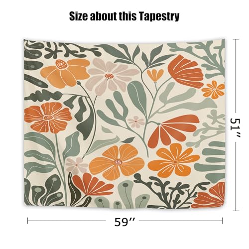 Yookeb Abstract Retro Matisse Flower Tapestry 59W by 51H Inch Wall Hanging Sage Green Orange Groovy 70s Funky Trendy Aesthetic Bedroom Living Room Dorm Polyester Fabric Home Decor - color: Sage Green Orange, size: 59"L x 51"W