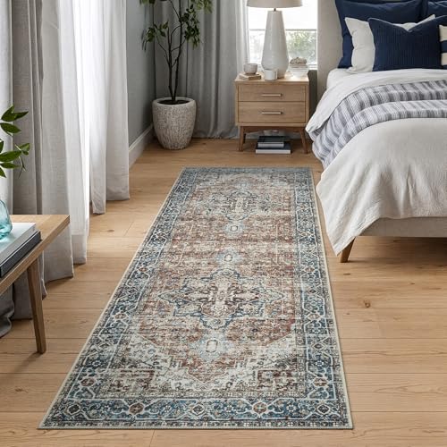 Bloom Rugs Caria Washable Non-Slip 12 ft Runner - Terracotta/Blue Traditional Runner for Entryway, Hallway, Bathroom, and Kitchen - Exact Size: 2'6" x 12' - color: Terracotta / Blue, size: 2'6" x 12' (Runner)