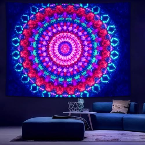 Manicer Blacklight Mandala Tapestry - UV Reactive Glow in the Dark Red Green Purple Bohemian Floral Wall Art Decor for Bedroom Living Room Dorm - 51.2" x 59.1" - color: Green