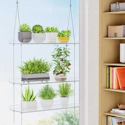 Lifewit 2-Tier Window Plant Shelves 15", Acrylic Adjustable Hanging Floating Shelf, Window Sill Extender for Succulent Plants, Micro Greens, Seed Starter Pots, Herb Planters 38 x 15 cm/15x6 - size: 2-Tier