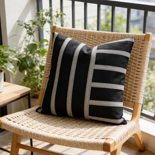 Slow Cow Linen Black and Off White Jacquard Textured Woven Stripe Patchwork Throw Pillow Cover Square 18 x 18 Inches - color: Black Patchwork, size: 18" x 18" (Pack of 1)