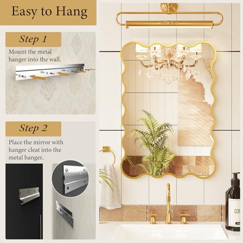 Kelly Miller 22x32 Inch Gold Scalloped Mirror, Large Rectangular Wavy Edge Bathroom Vanity Wall Mirror Decorative for Bedroom Living Room Entryway Fireplace Mantle - size: 32"L x 22"W