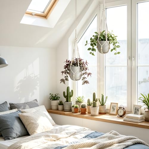 Mkono Macrame Plant Hanger Indoor 29 Inch Hanging Planter Basket with Wood Beads Decorative Flower Pot Holder No Tassels for Indoor Outdoor Boho Home Decor (POTS NOT Included) (2, Ivory)