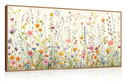 HPINUB Colorful Flower Framed Canvas Wall Art Set, Watercolor Daisy Floral Wall Decor, Wildflower Green Leaf Wall Painting, Multicolour Botanical Art Print for Living Room, Bedroom, Office -20"x40" - color: Colorful Wildflower Wall Art(wood Framed), size: