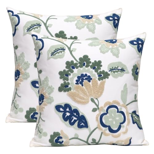 Pack of 2 Embroidered Decorative Throw Pillow Cover 18x18 Inch Farmhouse Floral Pillowcase for Living Room Sofa Bed (Dragon Flower-A) - color: Dragon Flower-a
