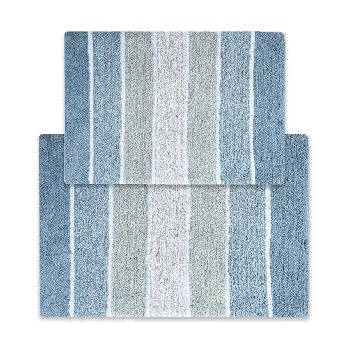 Chardin home Cordural Stripes Bath Mat, Set of 2 Bath Rugs (17 Inches x24 Inches & 21 Inches x34 Inches) | Non Slip Bathroom Rug, Machine Washable, Plush, Highly Absorbent | Ombre Blues & White - color: Blues
