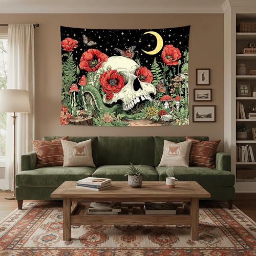 Accnicc Floral Skull Tapestry Vintage Flower Gothic Skeleton Tapestries Wall Hanging Mushroom Butterfly Plant Snake Horror Large Tapestry for Bedroom Living Room Dorm 80 x 60 inch - color: Red Green, size: 80"L x 60"W