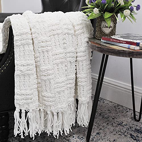 Home Soft Things Cable Knitted Throw Blankets 50'' x 60", White, Soft Cozy Fluffy Decorative Throw with Tassels Couch Bed Sofa Cover Throw Blankets - color: Antique White, size: 50" x 60"