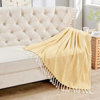 Herringbone Knitted Two Tone Throw Blankets with Braided Tassel Fringe, Boho Farmhouse Lightweight Turkish Throw Blanket for Couch Bed Sofa, Picnic, Yoga, Outdoor Blanket, 50 x 60 Inch, Yellow - color: Yellow