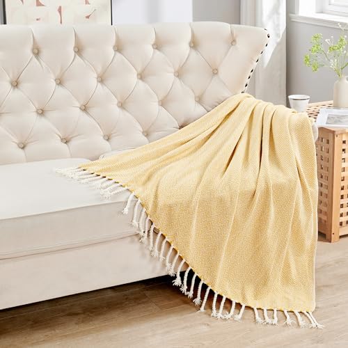 Herringbone Knitted Two Tone Throw Blankets with Braided Tassel Fringe, Boho Farmhouse Lightweight Turkish Throw Blanket for Couch Bed Sofa, Picnic, Yoga, Outdoor Blanket, 50 x 60 Inch, Yellow - color: Yellow