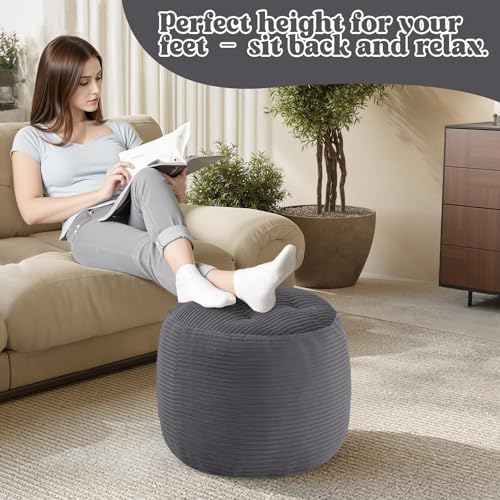 MeMoreCool Stuffed Round Pouf Ottoman Foot Rest, Floor Pouf Foot Stool with Soft Foam Chunk Filling, Round Small Ottoman Footstool Circle Footrest for Couch Living Room, Corduroy Grey - color: Dark Grey