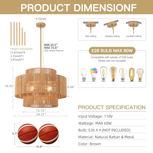 24.2 inch Boho Rattan Chandeliers for Dining Room, 4-Light Large Boho Pendant Light Rustic Drum Chandelier Farmhouse Rattan Light Fixtures for Kitchen Island Foyer Bedroom (Gold), 70.8"H Max