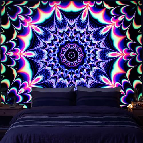 PRRPRR Blacklight Mandala Tapestry for Bedroom, UV Reactive Trippy Wal Tapestries, Bohemian Aesthetic Wall Art Decor for Adults Teens and Hippies (90 x 70 Inches) - color: Mandala Tapestry Red, size: 51"L x 59"W