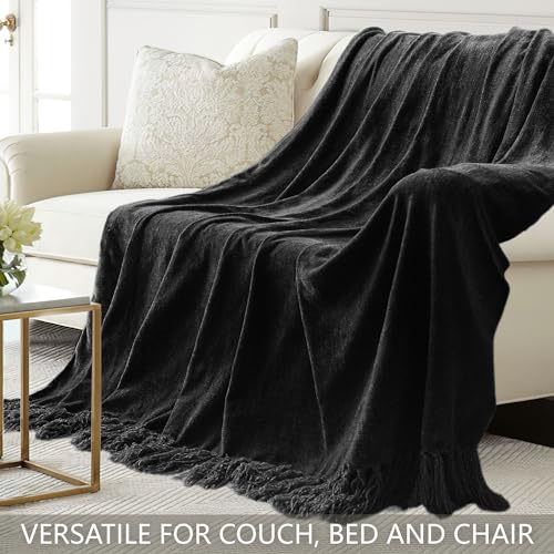 Chenille Throw Blanket for Couch 50"X 60", Soft Cozy Throws with Fringe Tassel for Bed Sofa Chair Cover, Lightweight Knitted Decorative Boho Blankets for Living Room, Black - color: Black, size: 50x60 inch