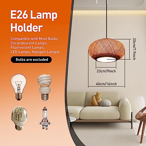 16" Bamboo Wicker Lampshade Rattan Pendant Light, Drum Shape Pendant Light Hanging Fixture Light, Hanging Light Chandelier for Farmhouse Hallway Entryway Porch