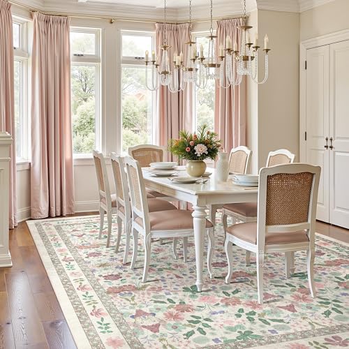 Deerly Large Floral Washable Area Rugs 9x12 for Living Room Vintage Boho Non-Slip Bedroom Carpet Soft Low Pile Thin Floor Mat Indoor for Dining Room Nursery Farmhouse, Beige/Light Pink/Multi - color: Beige/Light Pink/Multi, size: 9' x 12' (Rectangular)