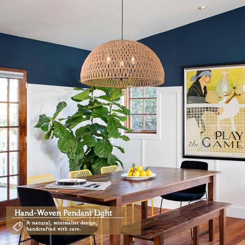 24" Brown Woven Pendant Light Boho Chandelier Dome Rustic Farmhouse Chandelier Wicker Pendant Light Rattan Light Fixture for Dining Room Living Room Bedroom Kitchen Island Foyer(Bulb Incl) - color: 24" Natural