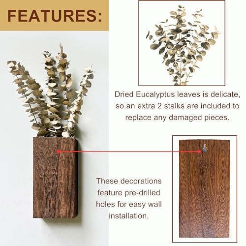 LaLaGreen Wood Wall Planters (8 Inch, 2 Pack) 12 Stalks of Eucalyptus Dried Leaves, Wooden Box Vase for Indoor Hanging Planter Flower Rustic Decor Home Living Room Bathroom Modern Farmhouse Decoration - color: Eucalyptus