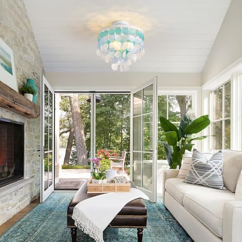 13.8" Natural Capiz Shell Chandelier 3 Light Mini Chandelier Boho Ceiling Light Entryway Light Fixture for Girls' Bedroom Hallway Living Room Dinning Room Brushed White Bulb Included - color: Ocean Blue, size: 13.8 inch