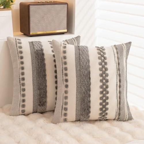 Boho Throw Pillow Covers 18x18 Set of 2 Farmhouse Decorative Cushion Case Striped Square Pillows Cover Chenille Pillow Cases Accent Neutral Pillowcase for Sofa Couch Bed,Gray - color: Gray Stripe