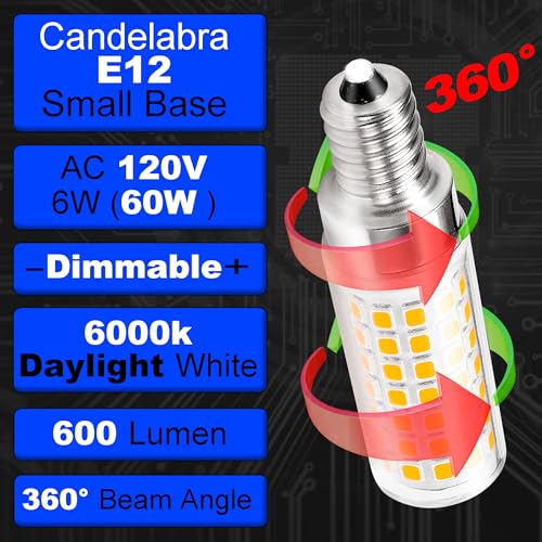 E12 LED Candelabra Light Bulb 6W 6000K Daylight White AC120V 600lm Dimmable E12 T6 C7 Candle Small Base 60 Watt Replace Ceiling Fan Pendant Chandelier Lighting Living Rooms, 4 Pack - color: 6000k Daylight White, size: 6 Watt-Dimmable-4 Pack