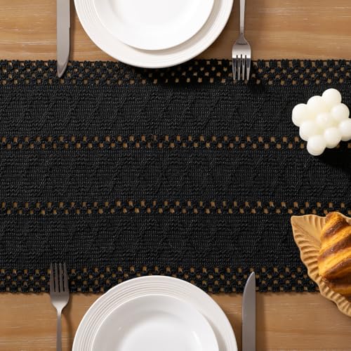 Socomi Boho Table Runner Summer Farmhouse Woven Cotton Linen Rustic Coffee Table Runner with Tassels for Small Dresser Scarf Home Decor Dining Room 12x72 inch Black - color: Black, size: 12" X 72"