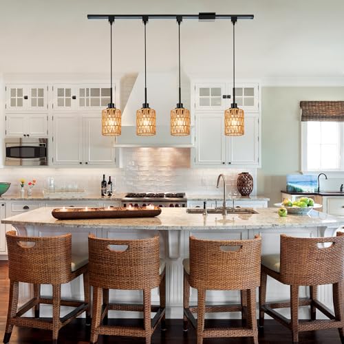 MELUCEE 4 Packs H-Type Track Hanging Light Black Ceiling Track Lighting Fixtures Rattan Pendant Light for Kitchen Island Dining Room Restaurant, Compatible with H Type Track Lighting Rail, E26 Socket