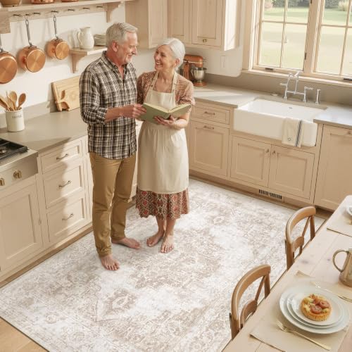 Area Rug 4x6 Vintage Rug: Washable Indoor Medallion Rugs Low Pile Distressed Floor Carpet Retro Accent Rug for Living Room Bedroom Kitchen Dining Table Home Office(Beige, 4'x6') - color: Beige, size: 4' x 6' (Rectangular)