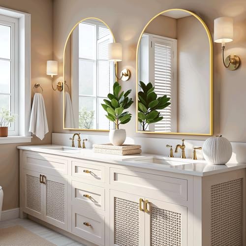 Arched Bathroom Mirror for Wall, 38" x 26" Gold Metal Frame Vanity Mirror, HD Glass Over Sink for Bathroom, Entryway, Bedroom - color: Gold, size: 38"L x 26"W