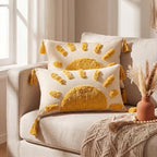 2 Pcs Sun Tufted Lumbar Pillow Cover 12x20 Inch Boho Velvet & Canvas Throw Pillow with Tassels, Yellow Cream Decorative Accent Pillows for Bed, Couch, Living Room & Farmhouse Decor - style: Small Sun