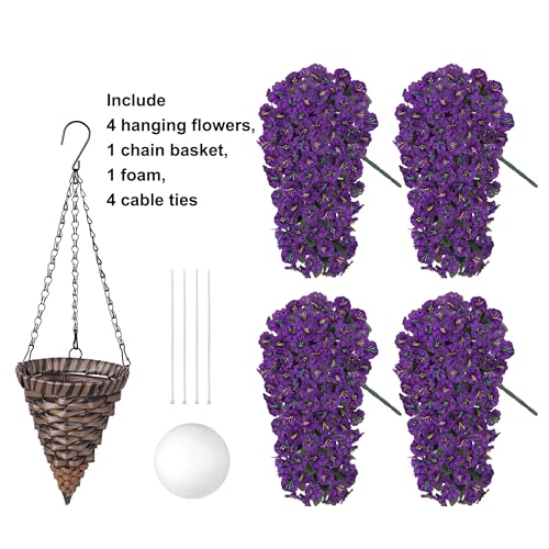 Artificial Fake Flowers Plants Hanging Baskets Outdoor Outside Spring Decor, Faux Silk Purple UV Resistant Look Real Morning Glory Home Patio Porch Balcony Decoration - color: Purple