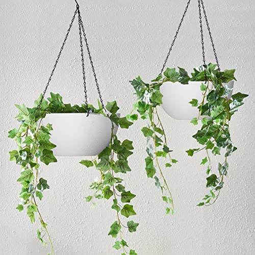 WOUSIWER 13 inch 2Pack Large Hanging Planters for Outdoor Indoor Plants with Drainage Holes and Chain, Round Hanging Flower Pots for Garden Home Porch Decor, White - color: White