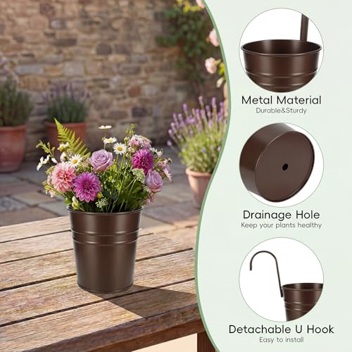 HowRU Hanging Flower Pots, Railing Planter Box for Outdoor Plants 12 Pack 5 Inch Metal Hanging Planters with Detachable Hooks Balcony Window Fence Garden Decoration Flower Boxes(Bronze(5in)) - color: Bronze(5in)