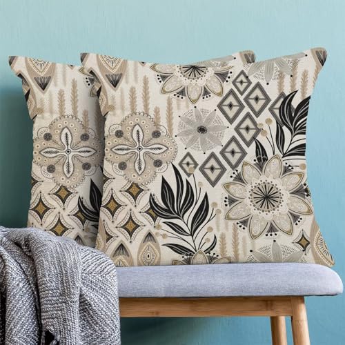 Boho Black Flower Pillow Covers 18x18 Set of 2, Khaki Floral Outdoor Decorative Botanical Flowers Tropical Leaves Throw Pillows Retro White Flower Couch Cushion Case for Chair Sofa Bedroom - color: Vc10, size: 18" x 18" (Pack of 2)