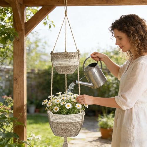 Double Layer Woven Hanging Planter, Boho Style Hanging Flower Basket, 2-Tier Macrame Holder for Indoor Home Garden Living Room Balcony Porch (Color A) - color: Color a