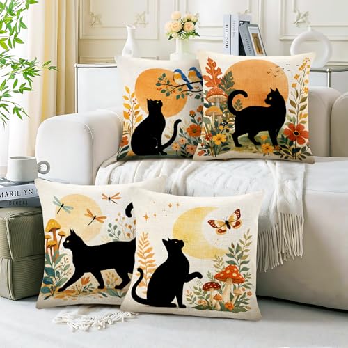 BVBOX Set of 4 Throw Pillow Covers 18"x18", Double-Sided Decorative Pillow Cases, Soft Flax/Short Plush Pillow Covers for Bed, Sofa, Couch, Living Room, Bedroom (Flax, Black Cat) - color: Black Cat