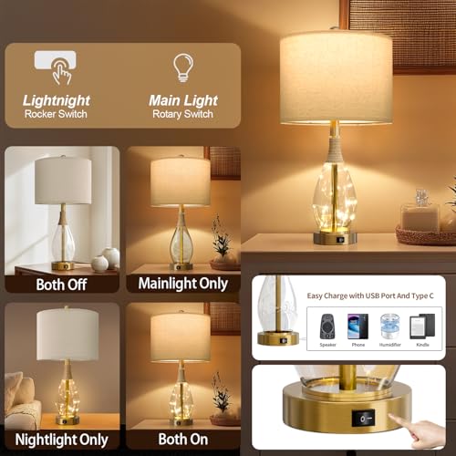 OYEARS 23" Table Lamps for Living Room Set of 2 Bedside Lamps for Night Stands Bedroom Lamps Farmhouse Rattan Boho Lamp Glass Nightlight End Table Lamp with USB C+A (Gold),Two Light Points - color: Light Gold