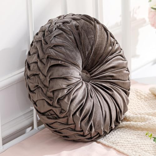Drydiet 1 Pcs Round Throw Velvet Pillows Decorative Pleated Throw Pillows Diameter Accent Pumpkin Boho Chair Cushion for Couch Sofa Home Decoration (Taupe,15'') - color: Taupe, size: 15''